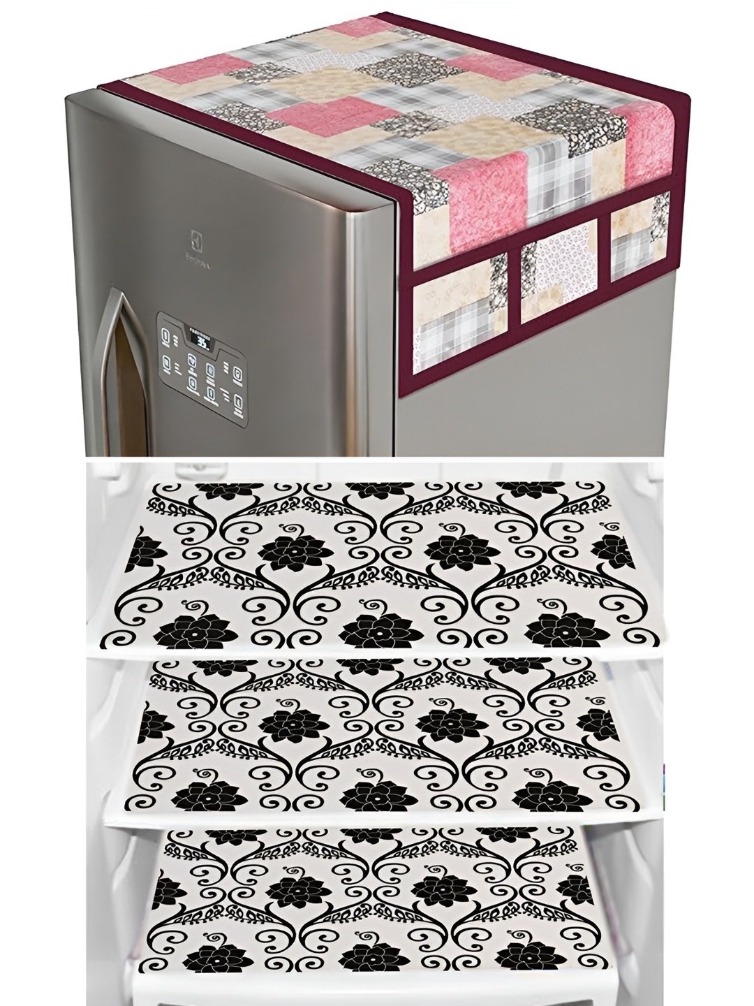 

LooMantha 5-Pcs Beige & Black Printed Fridge Covers With Mat