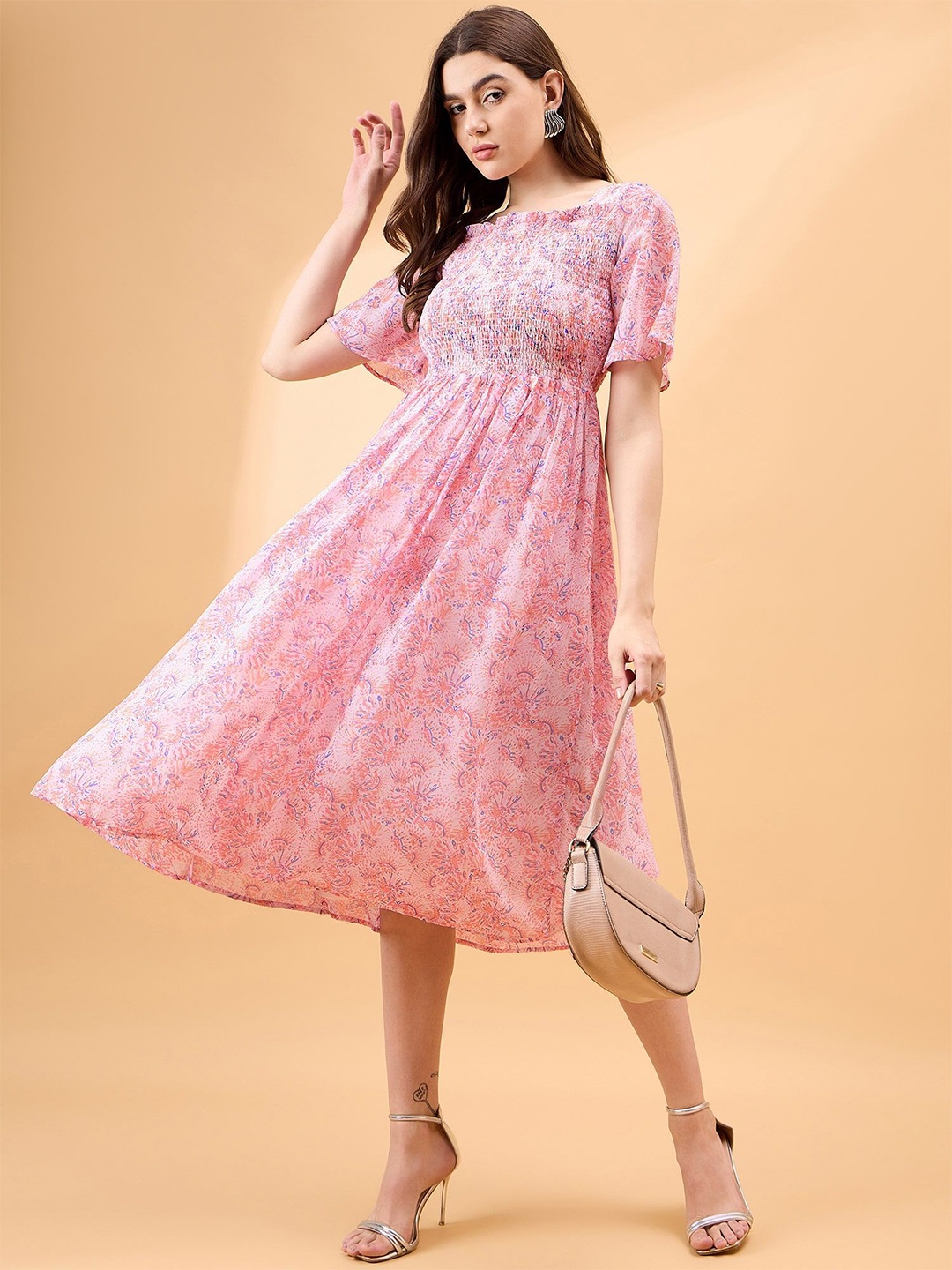 

all about you Ethnic Motifs Print Georgette Fit & Flare Maxi Dress, Pink