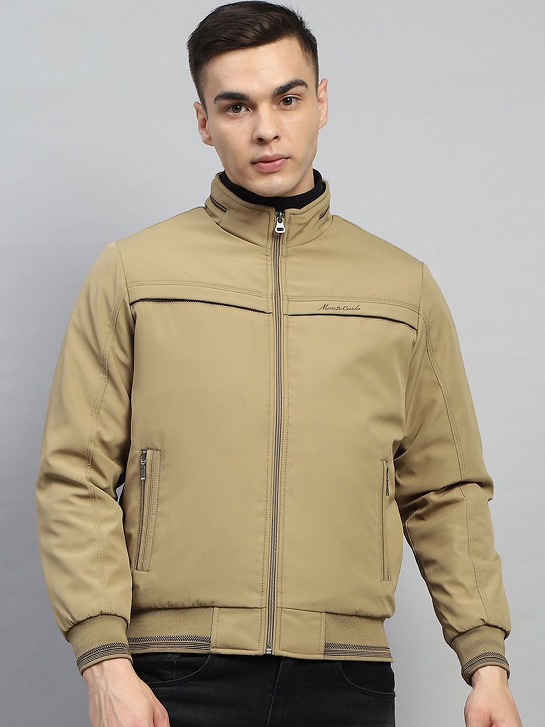 

Monte Carlo Men Mock Collar Solid Casual Bomber Jacket, Beige