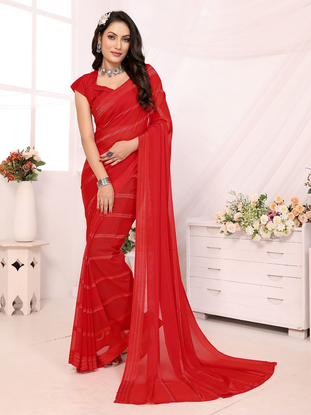 

Moda Rapido Striped Satin Saree, Red