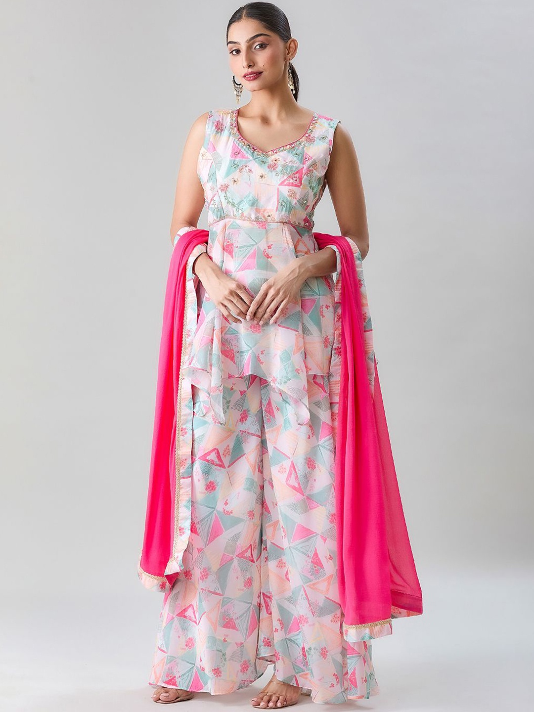 

Adara Khan Women Printed Empire Sequinned Kurta with Palazzos & With Dupatta, White