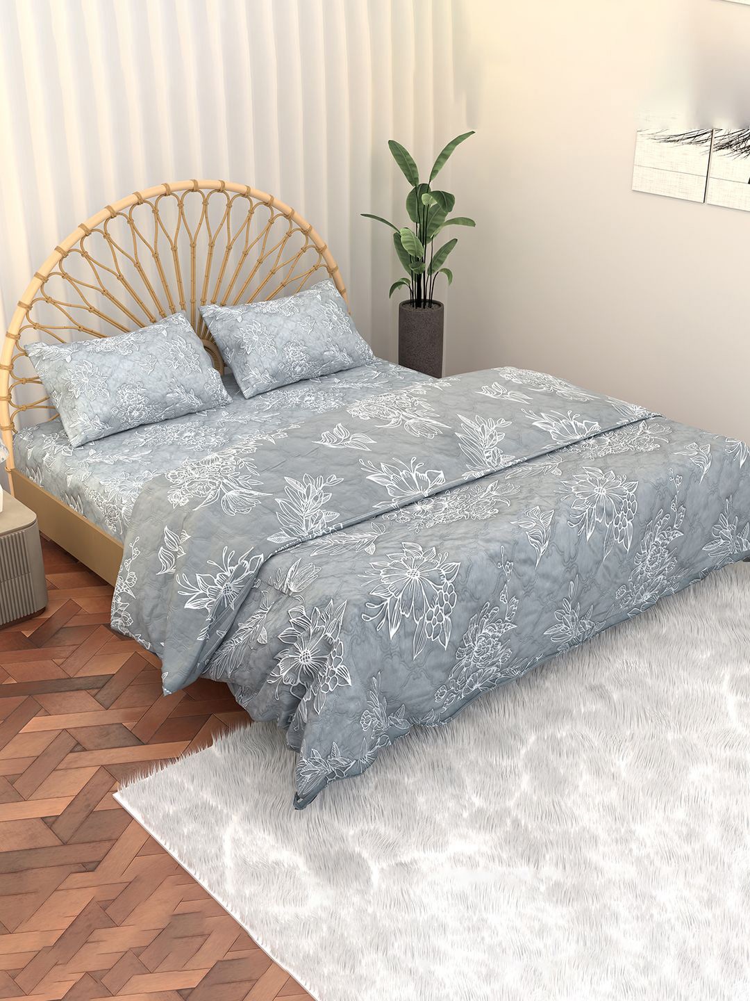 

Kuber Industries Set of 1 Grey & White 4 Pieces Floral Printed Cotton Bedding Set