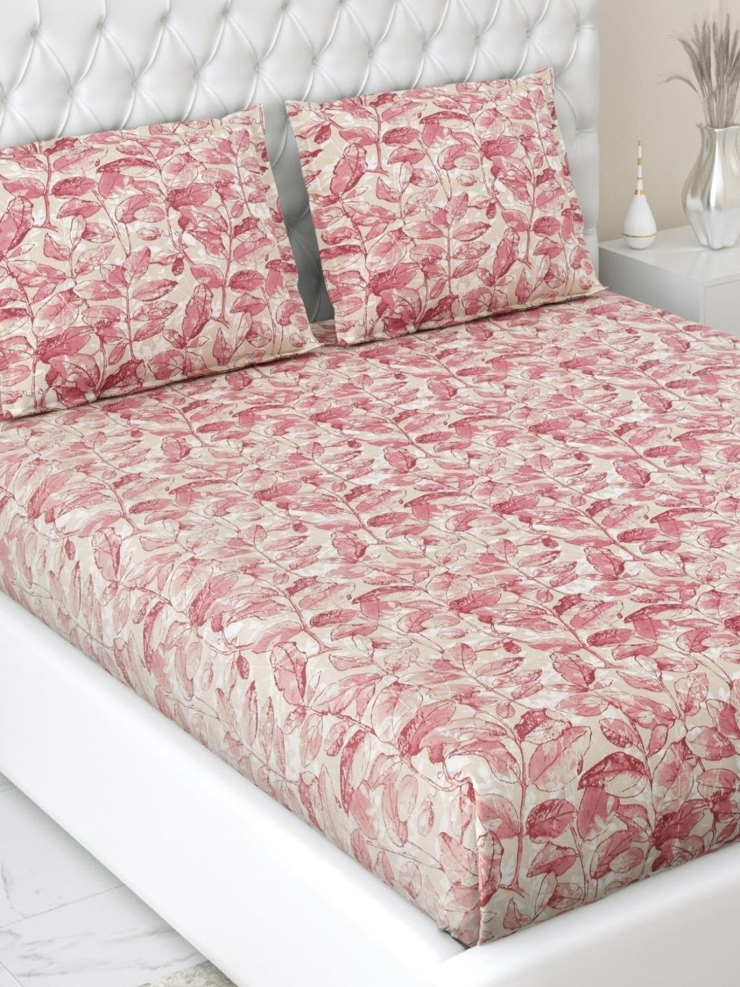 

haus & kinder Leafy Oasis Pink 186 TC Pure Cotton King Fitted Bedsheet Set 1.8 x 1.9m