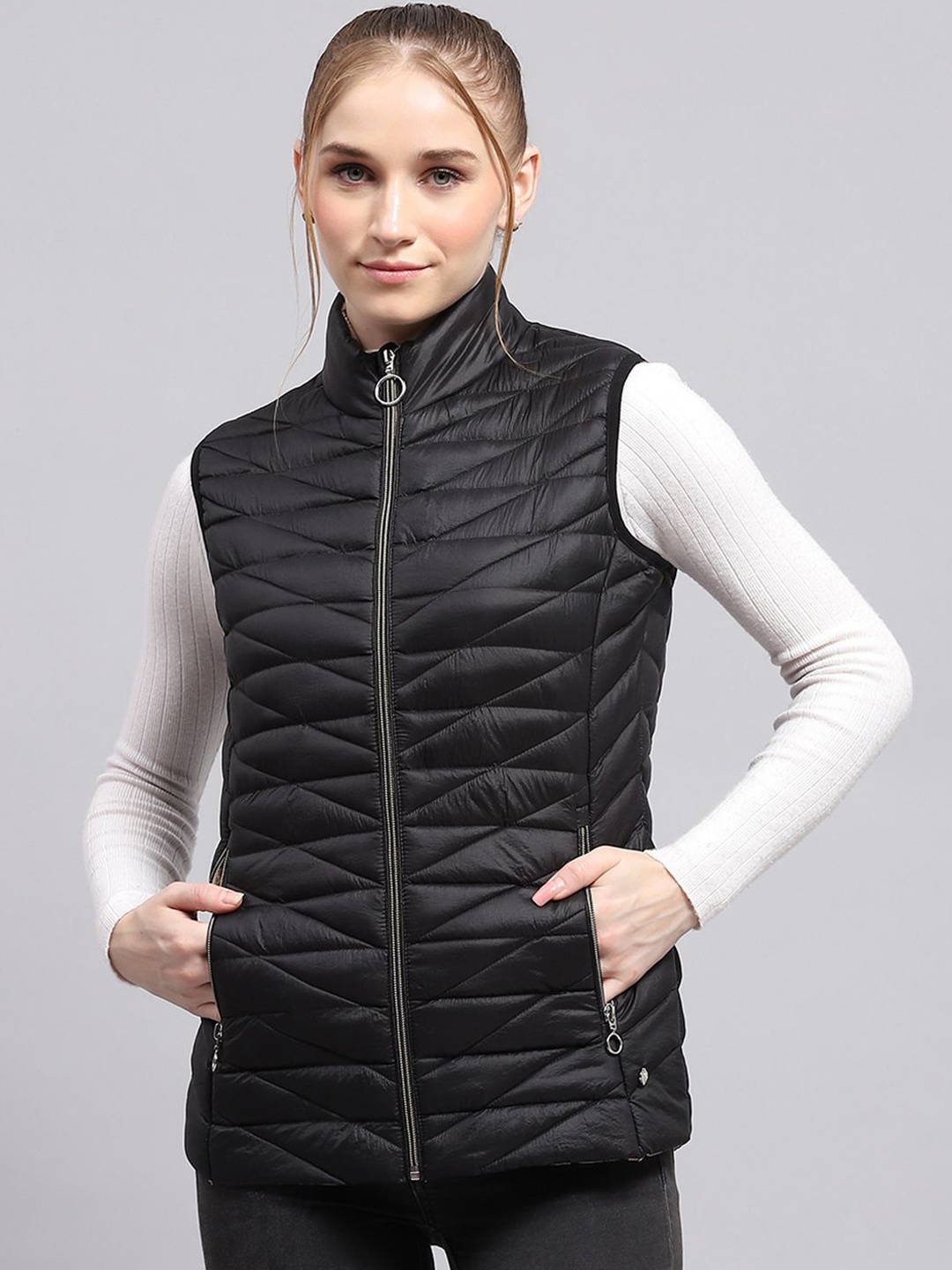 

Monte Carlo Women Mock Collar Solid Nylon Casual Puffer Jacket, Black