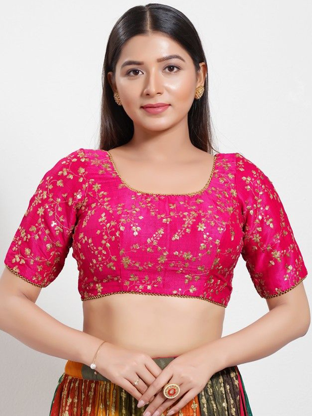

Mmore Embroidered Silk Saree Blouse, Pink