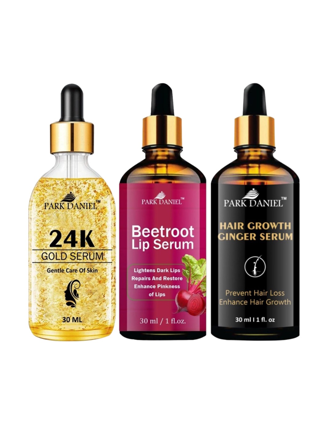 

Park Daniel Set Of 3 Gold Serum With Beetroot Lip Serum & Hair Growth Ginger Serum, Multi