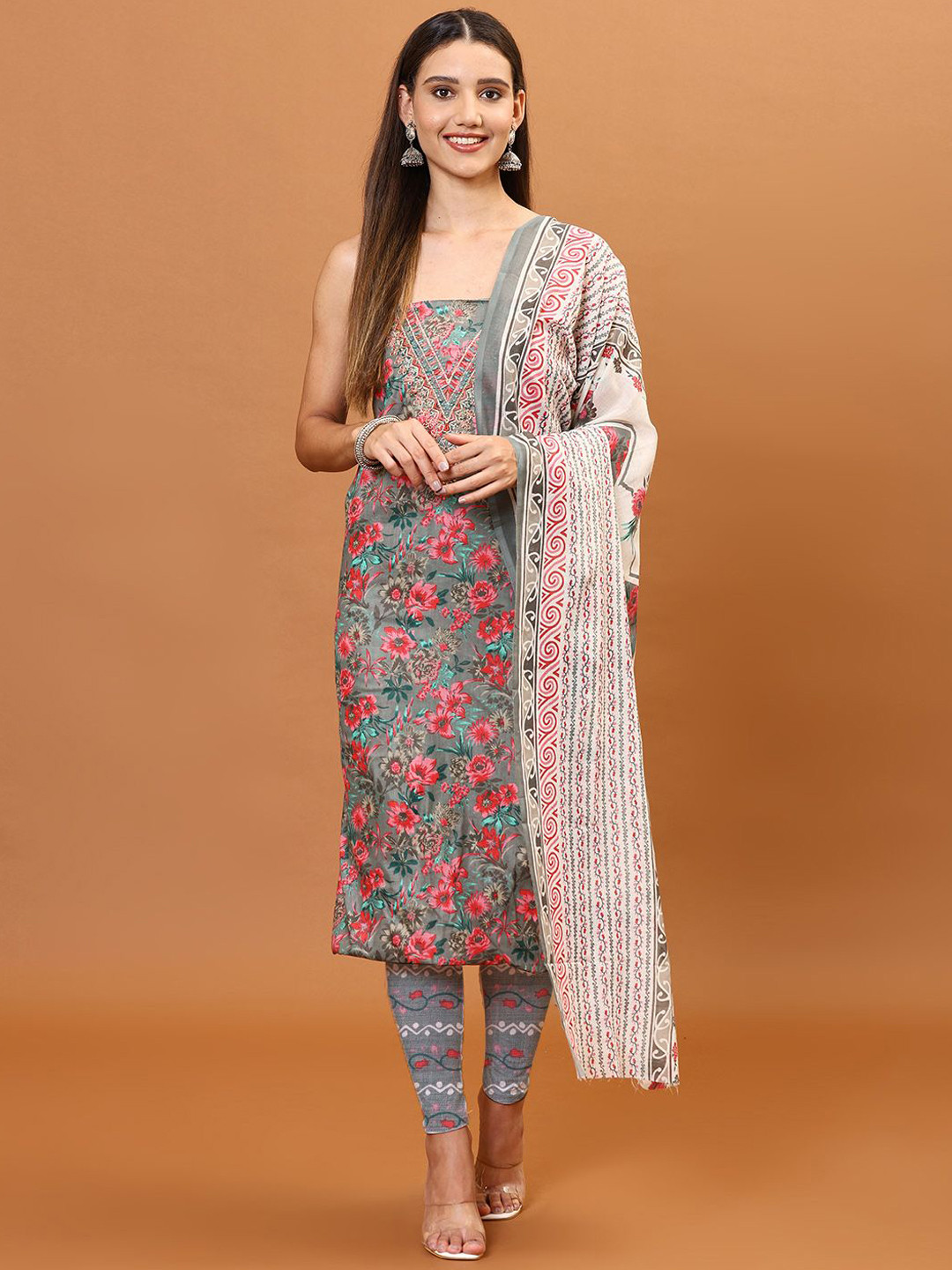 

Meena Bazaar Floral Printed Thread Work Unstitched Dress Material, Grey