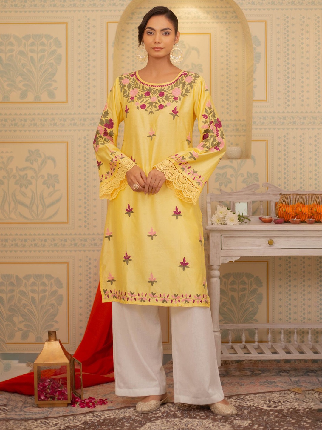 

HOUSE OF KARI Women Chanderi Silk Kurta with Aari work, Yellow