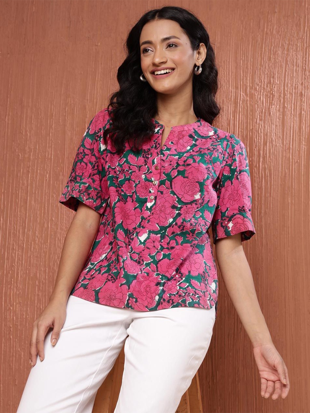 

Fabindia Floral Print Mandarin Collar Cotton Shirt Style Top, Green