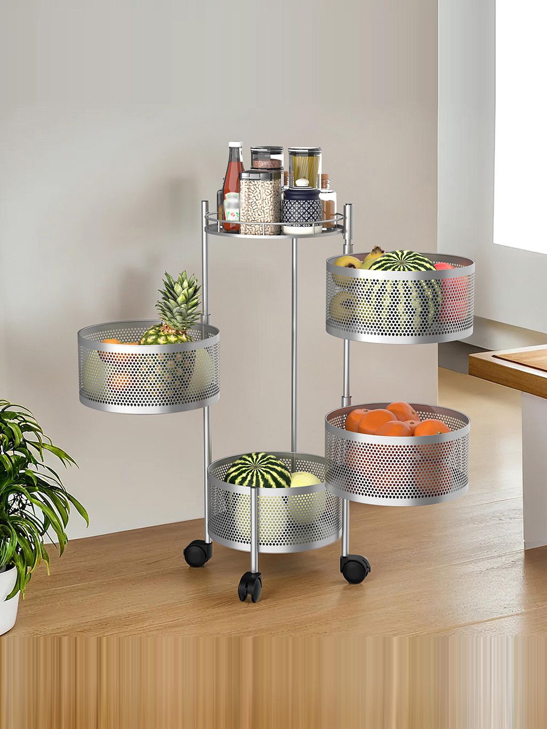 

Kuber Industries Silver Toned Textured 4-Tier Rotating Multi-Utility Organiser