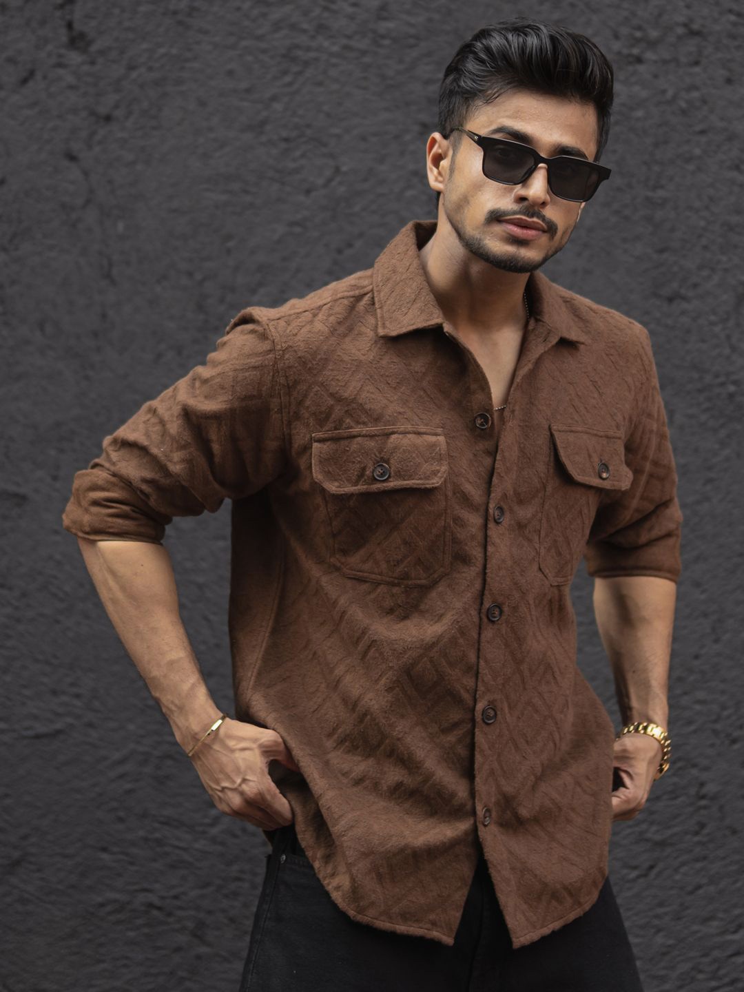 

Powerlook Men Spread Collar Textured Cotton Relaxed Fit Casual Shirt, Brown
