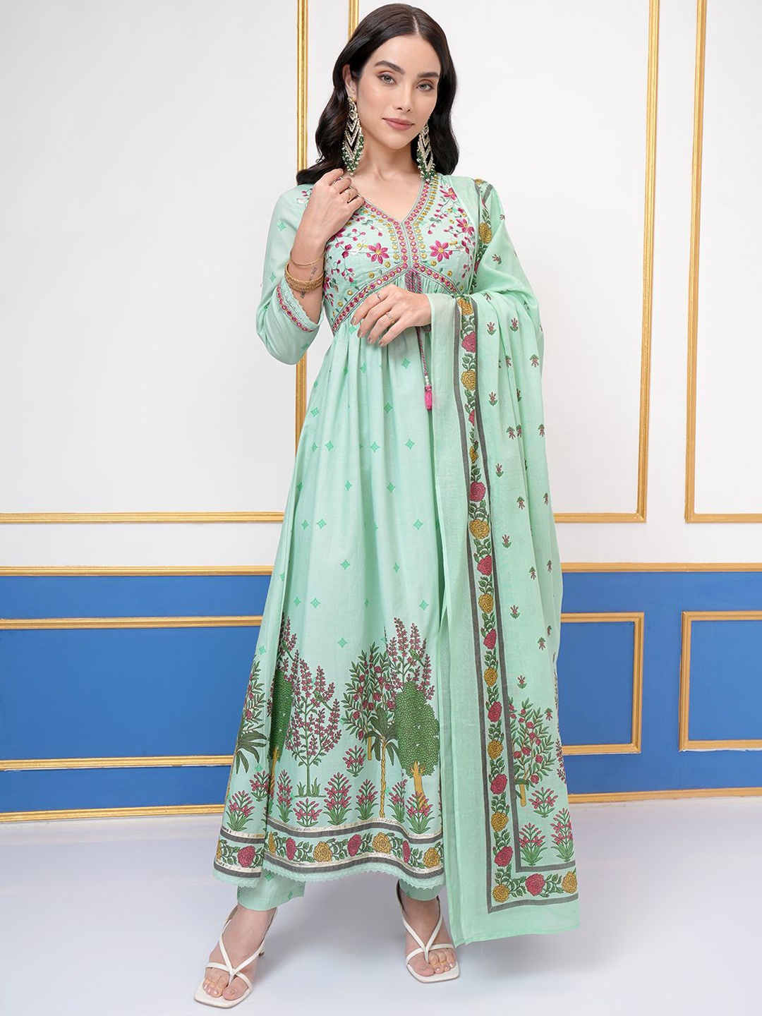 

Vishudh Floral Printed Empire Thread Work Pure Cotton Kurta With Trouser With Dupatta, Green