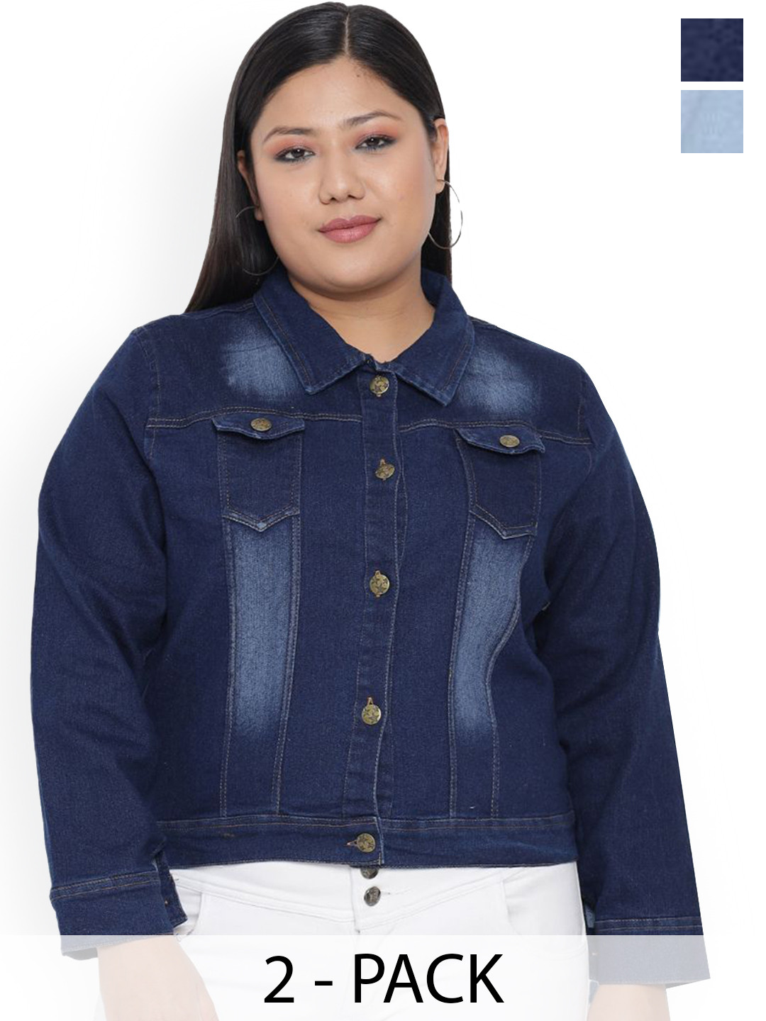 

Funday Fashion Women Pack Of 2 Spread Collar Washed Self Design Casual Denim Jackets, Blue