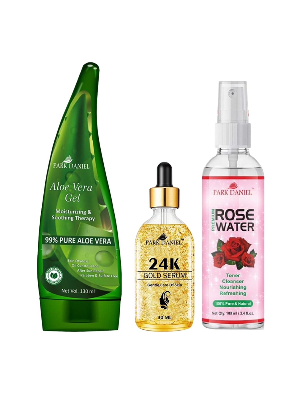 

Park Daniel Set of 3 Rose Water 100ml & Aloe Vera Gel 130ml with Gold Serum 30ml, Multi
