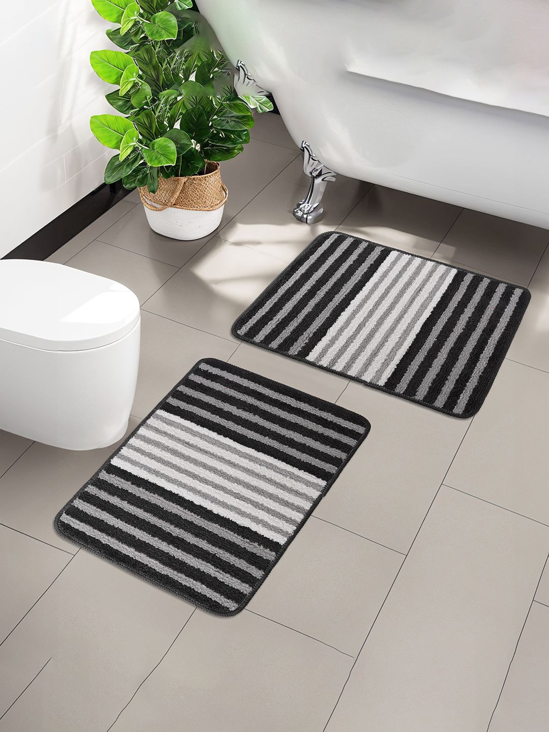 

Kuber Industries Grey & Black 3 Pieces Anti- Slip Striped Doormats