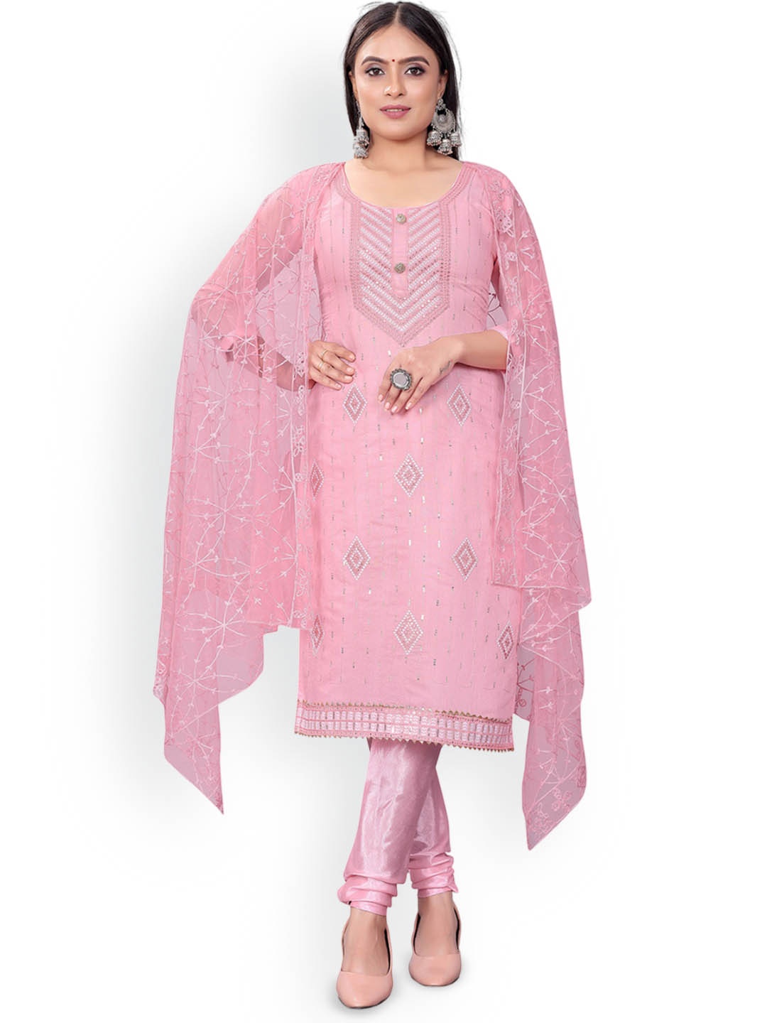 

Maroosh Embroidered Thread Work Unstitched Dress Material, Pink