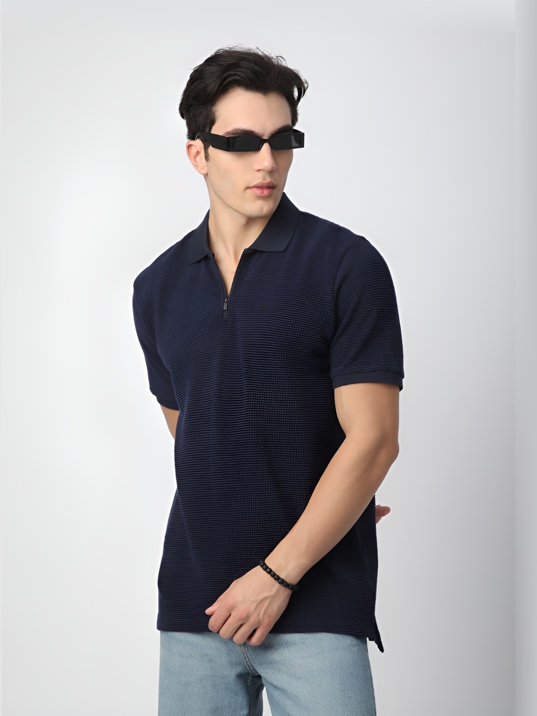 

R&B Men Solid Polo Collar Cotton T-shirt, Navy blue