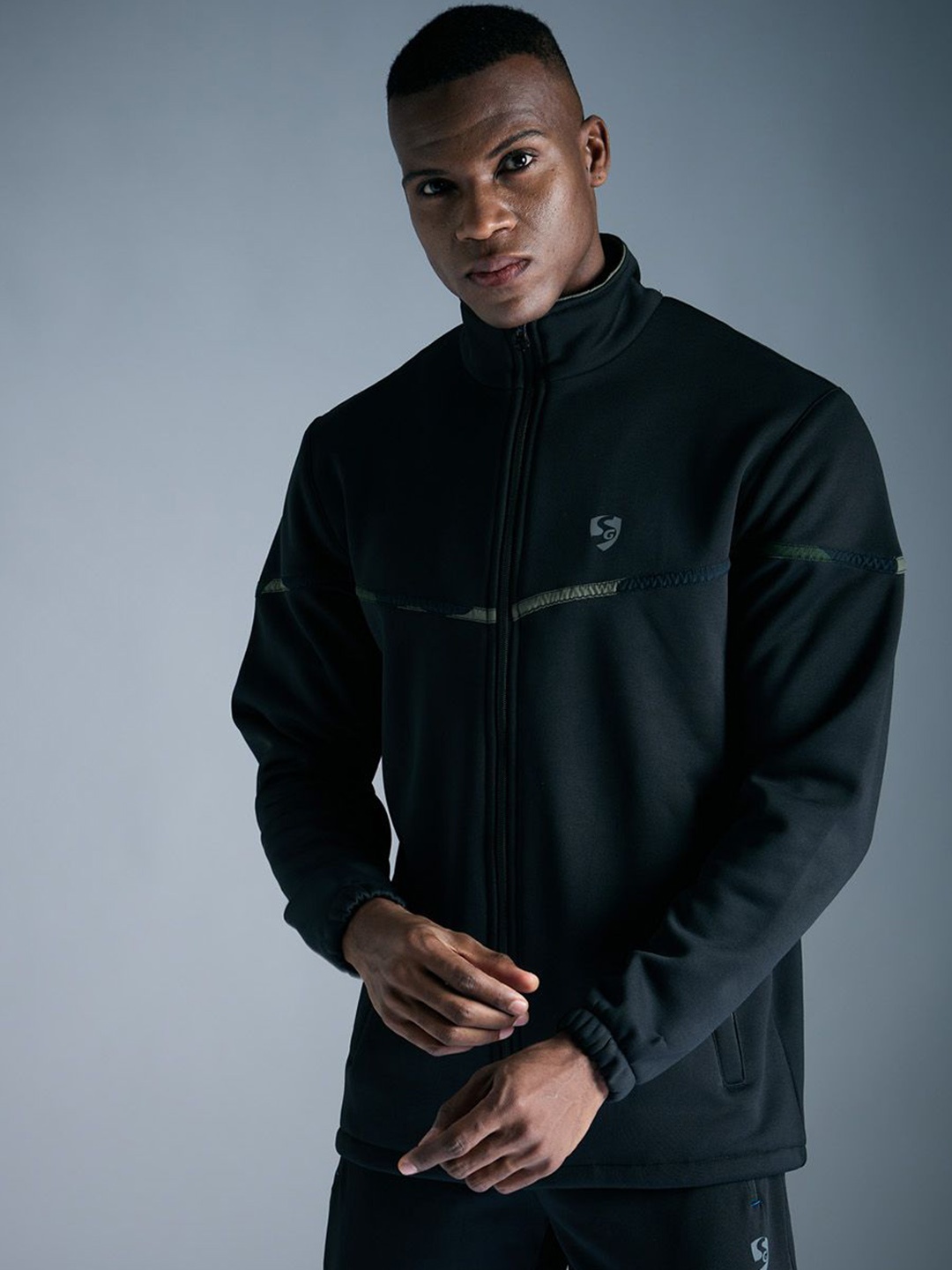 

SG Men Mock Collar Solid Fleece Sports Sporty Jacket, Black