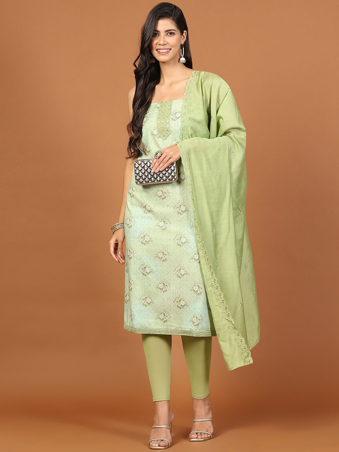 

Meena Bazaar Floral Printed Mirror Work Cotton Unstitched Dress Material, Green