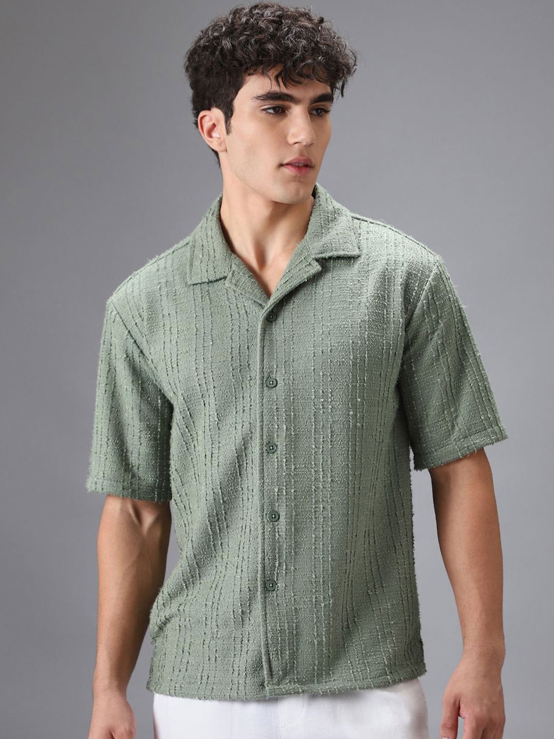 

Banana Club Men Half Sleeves Cuban Collar Knitted Shirt, Green