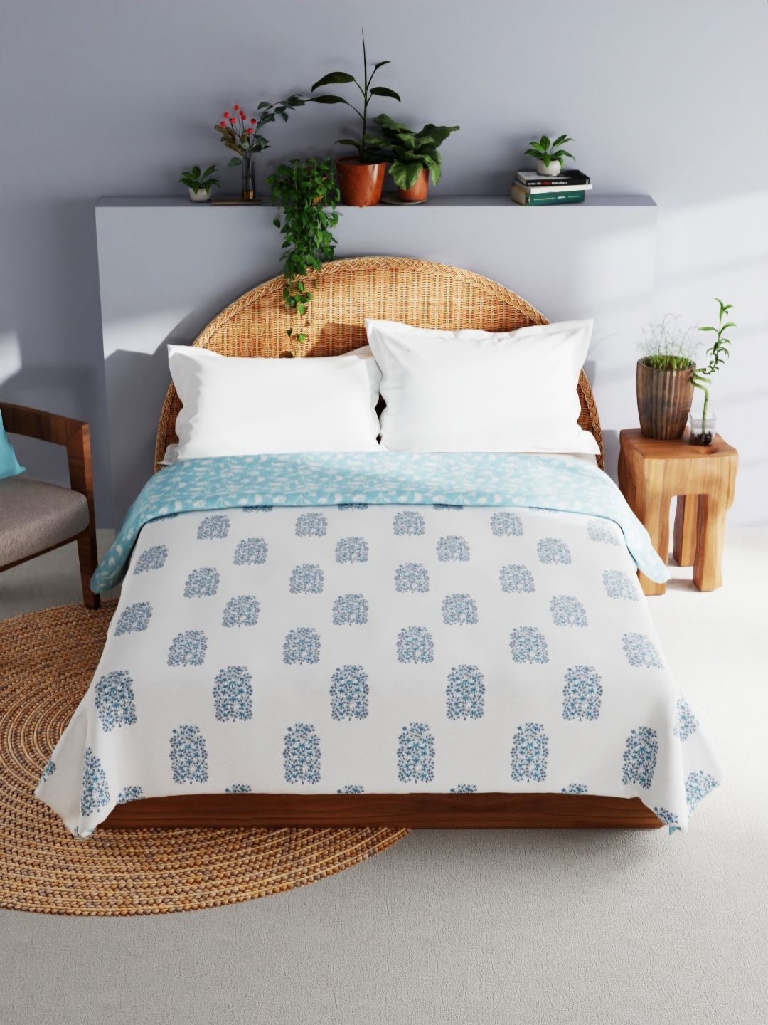 

BIANCA Mezzo White & Blue Floral Printed AC Room 150 GSM Double Bed Dohar