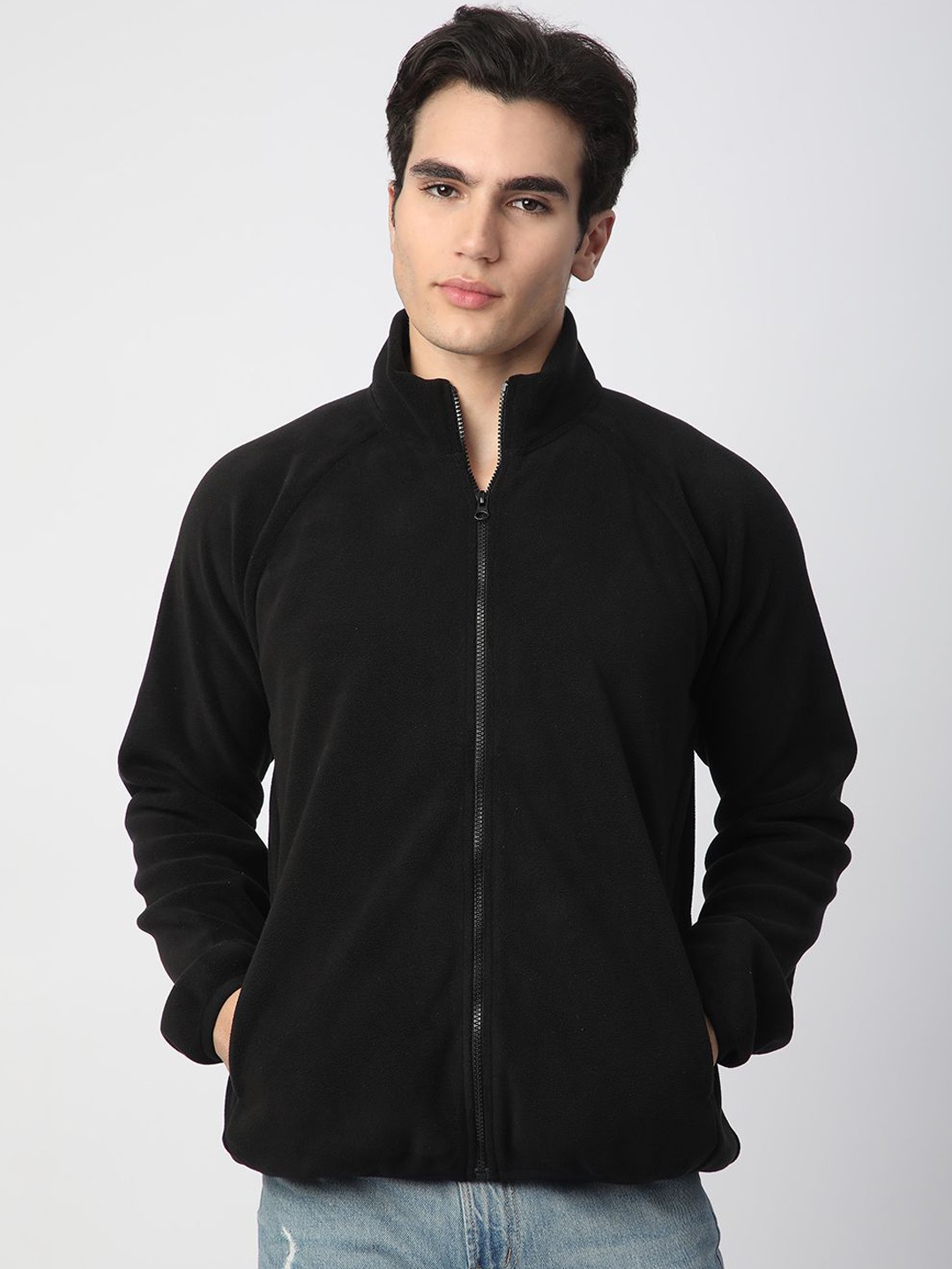 

R&B Men Mock Collar Solid Casual Bomber Jacket, Black