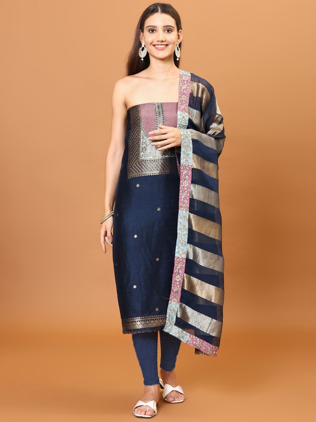 

Meena Bazaar Floral Woven Design Zari Art Silk Unstitched Dress Material, Navy blue