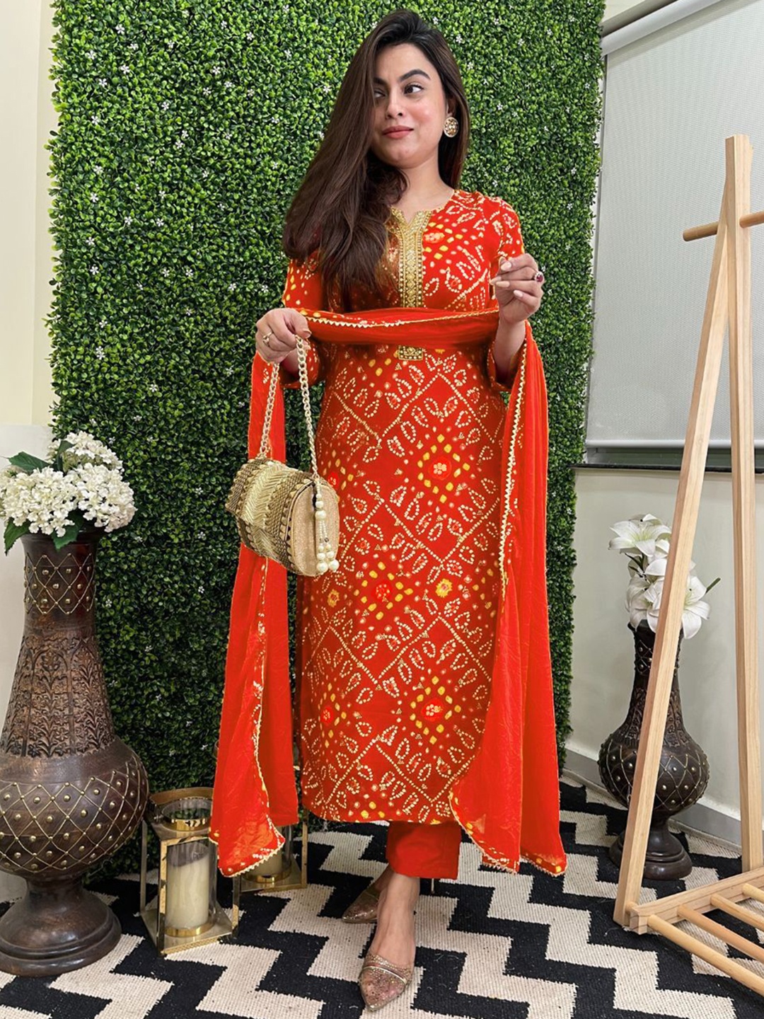 

KALINI Bandhani Printed Straight Gotta Patti Kurta with Trousers & Dupatta, Orange