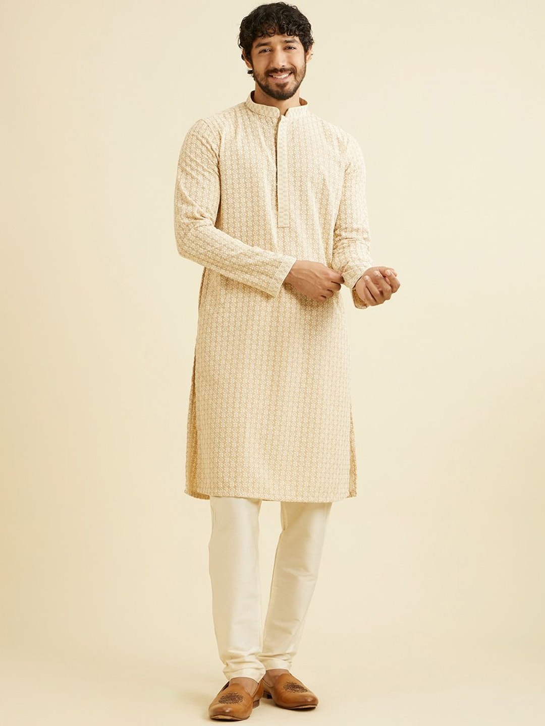 

Manyavar Floral Embroidered Chikankari Mandarin Collar Straight Kurta with Pyjamas, Beige