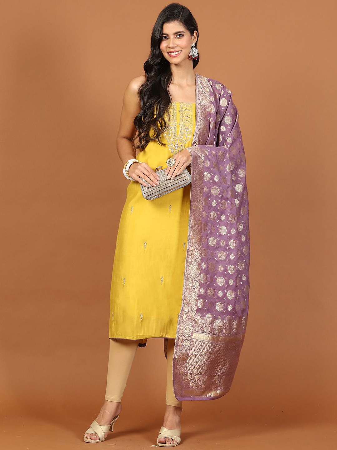 

Meena Bazaar Embroidered Zari Chanderi Unstitched Dress Material, Yellow
