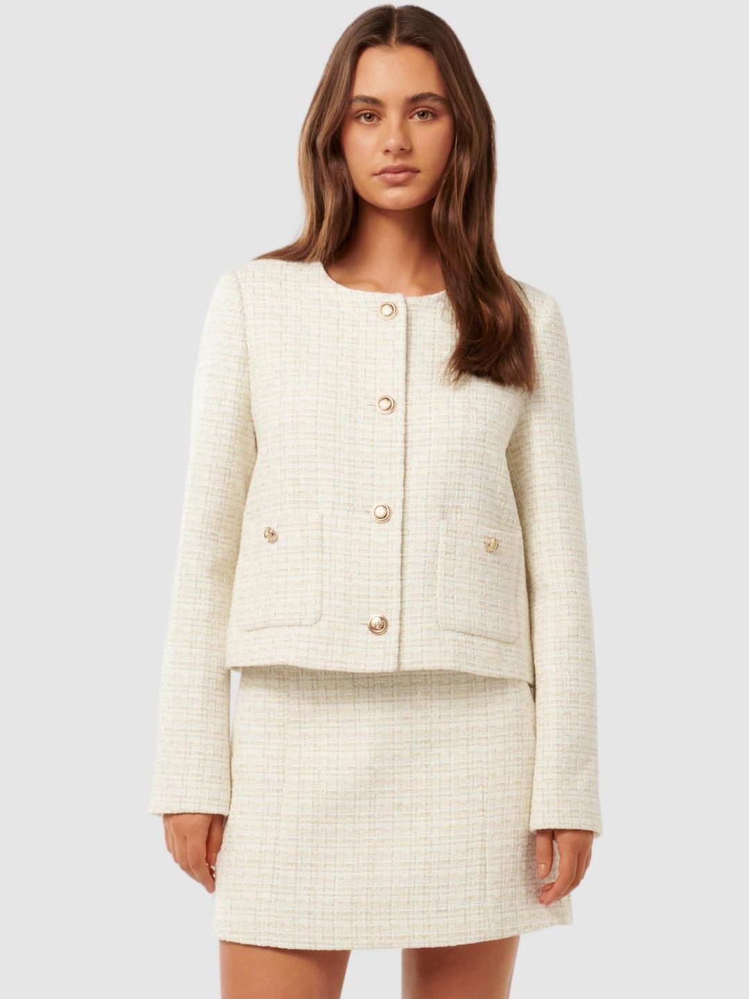 

Forever New Women Collarless Self Design Casual Tailored Jacket, Cream