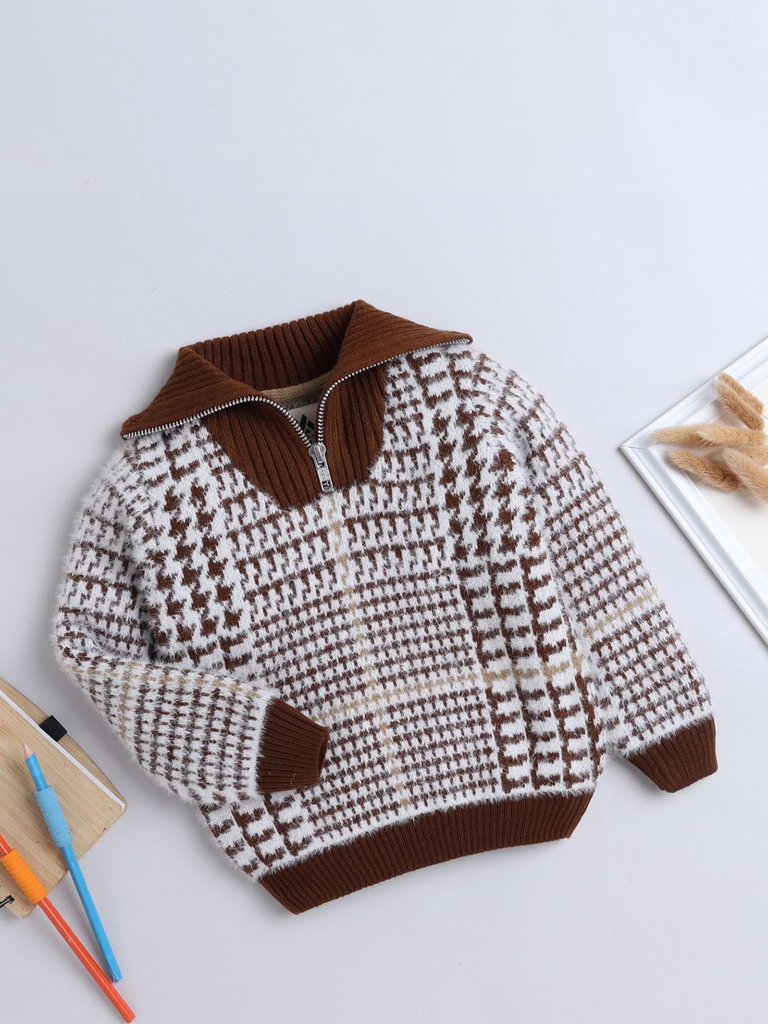

Yellow Apple Boys Checked Woollen Sweater Vest, Brown