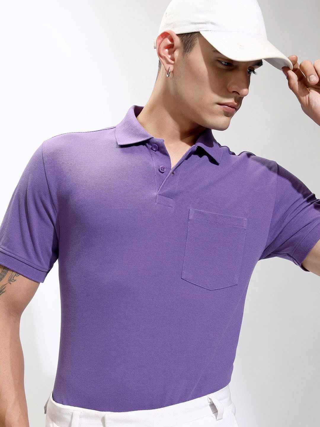 

HIGHLANDER Men Solid Polo Collar Cotton Relaxed Fit T-shirt, Purple