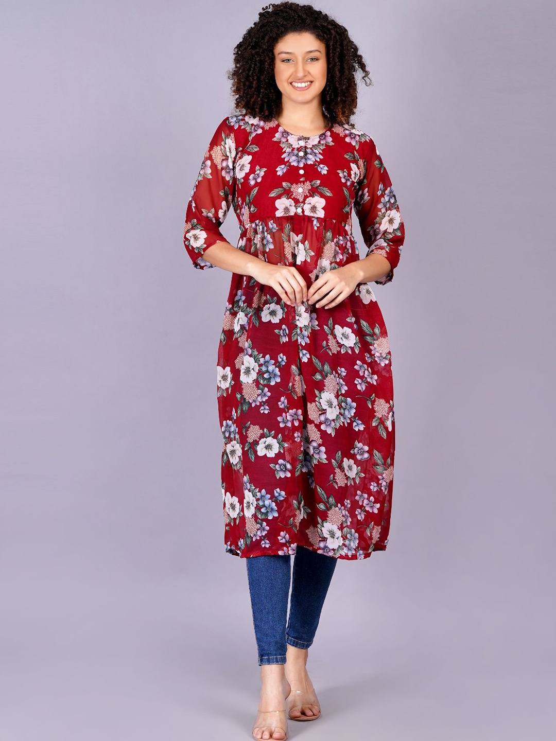 

KALINI Floral Printed Round Neck Fit and Flare A-Line Kurta, Red