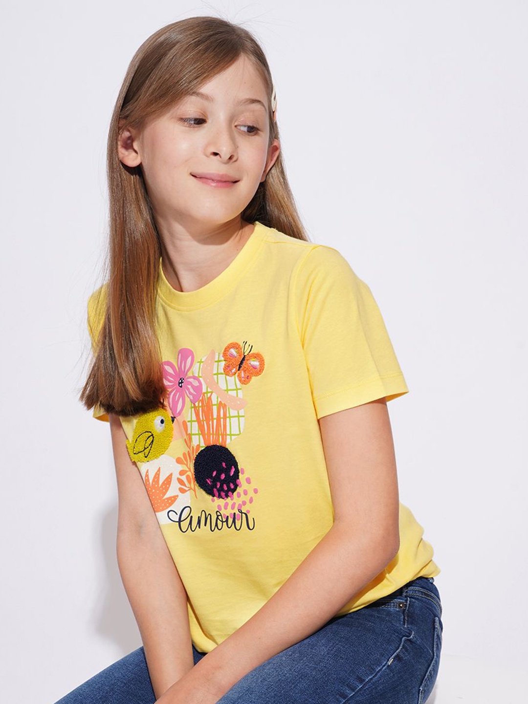 

Vero Moda Girls Graphic Printed Round Neck Cotton T-shirt, Yellow