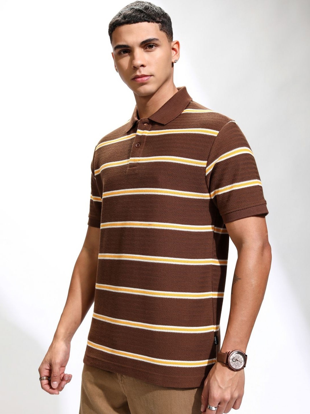 

HIGHLANDER Men Striped Polo Collar Relaxed Fit T-shirt, Brown