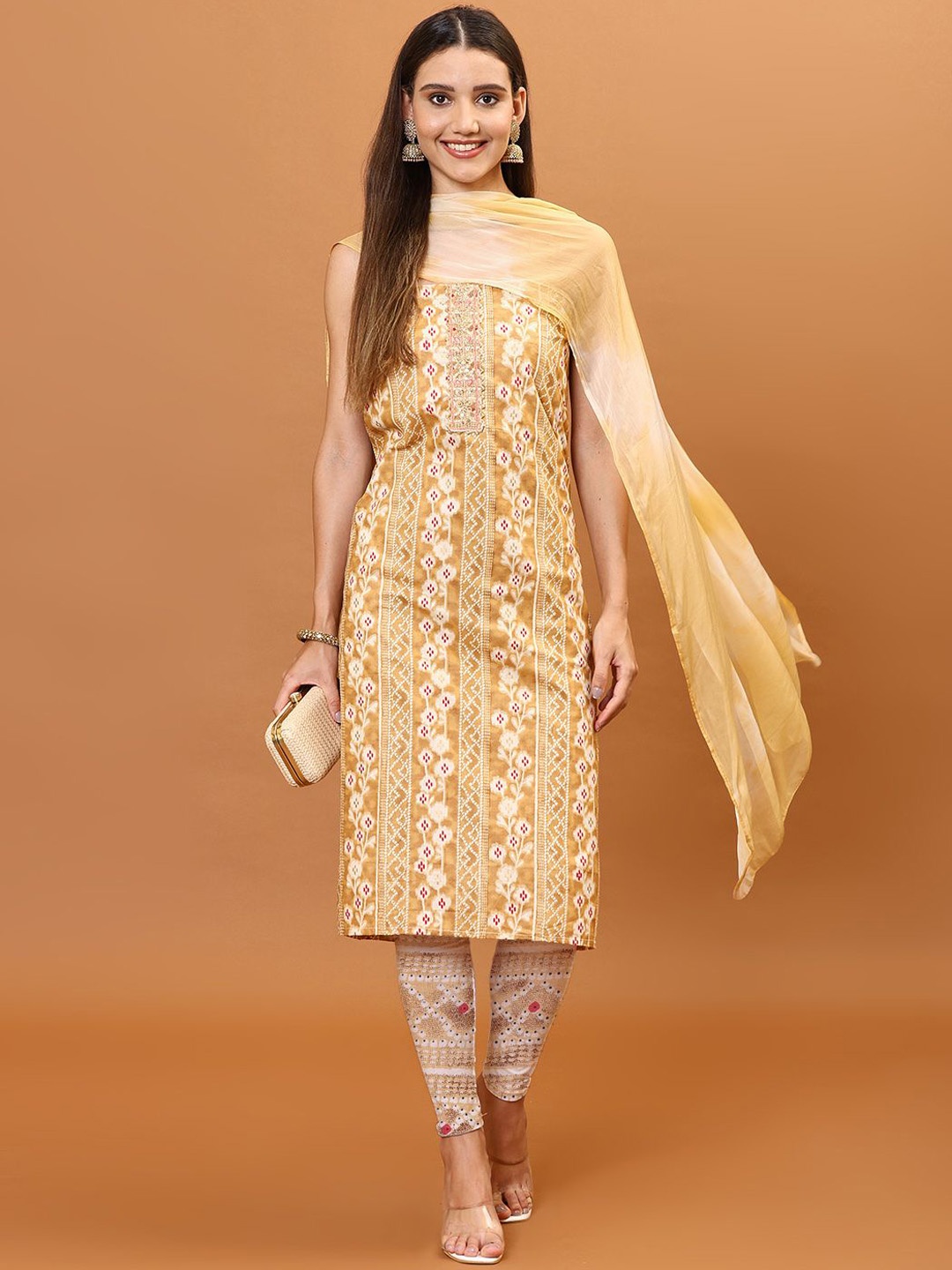 

Meena Bazaar Geometric Printed Sequinned Unstitched Dress Material, Mustard