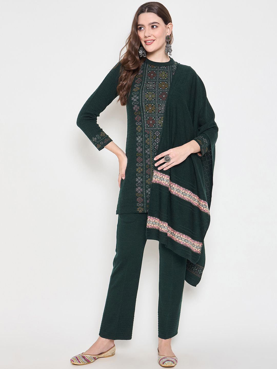 

Knitstudio Printed Pure Wool Kurta With Trousers & Dupatta, Green