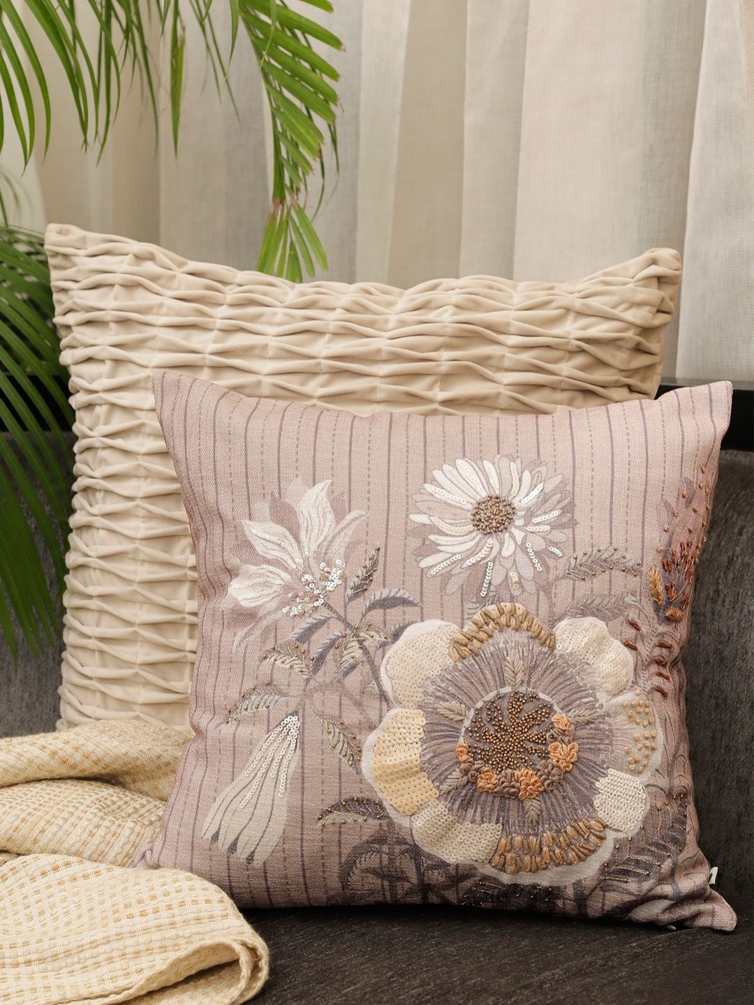 

ONSETHOMES jashn Beige & White Embroidered Cotton Square Cushion Cover