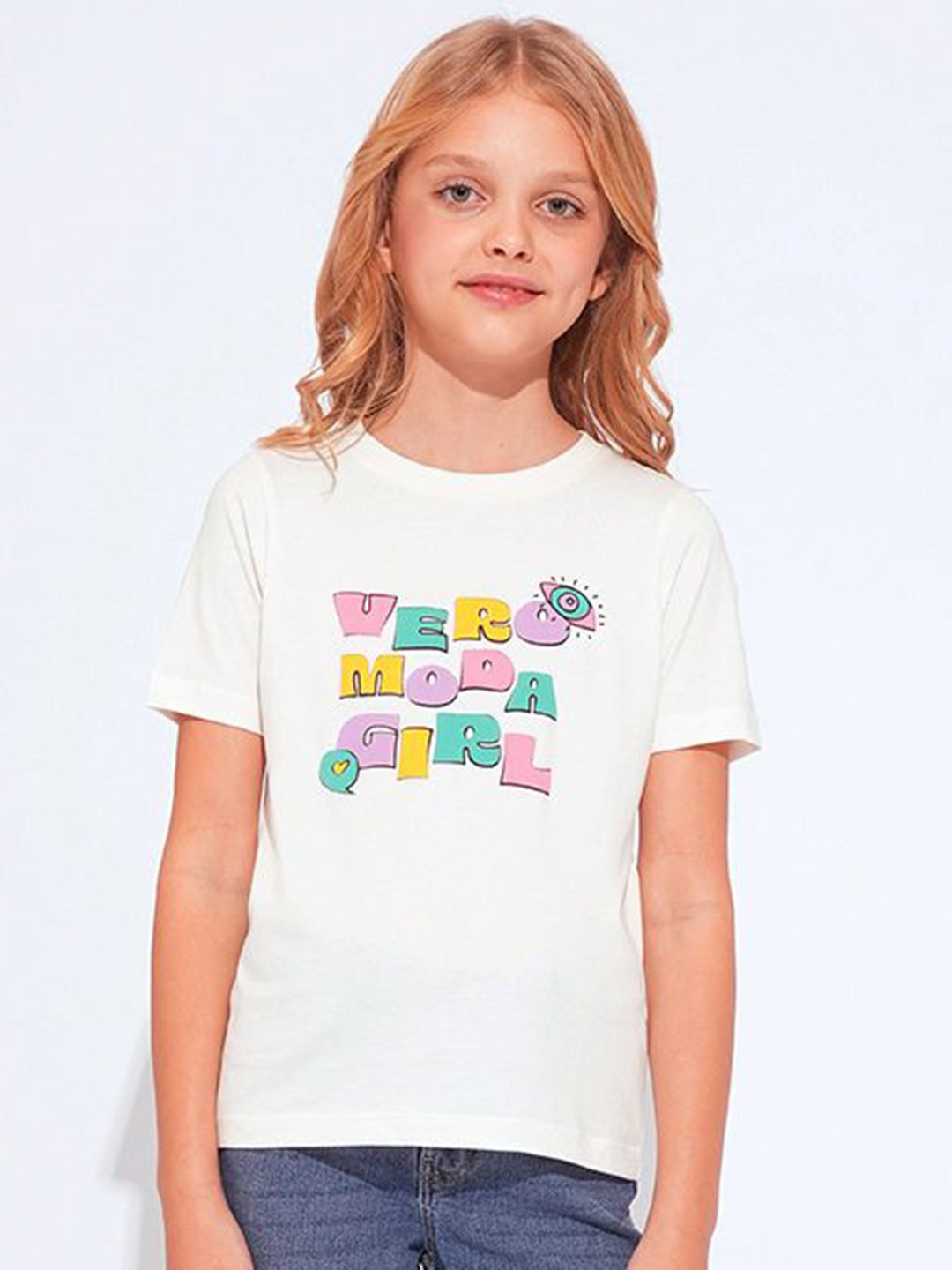 

Vero Moda Girls Typography Printed Round Neck Cotton T-shirt, White