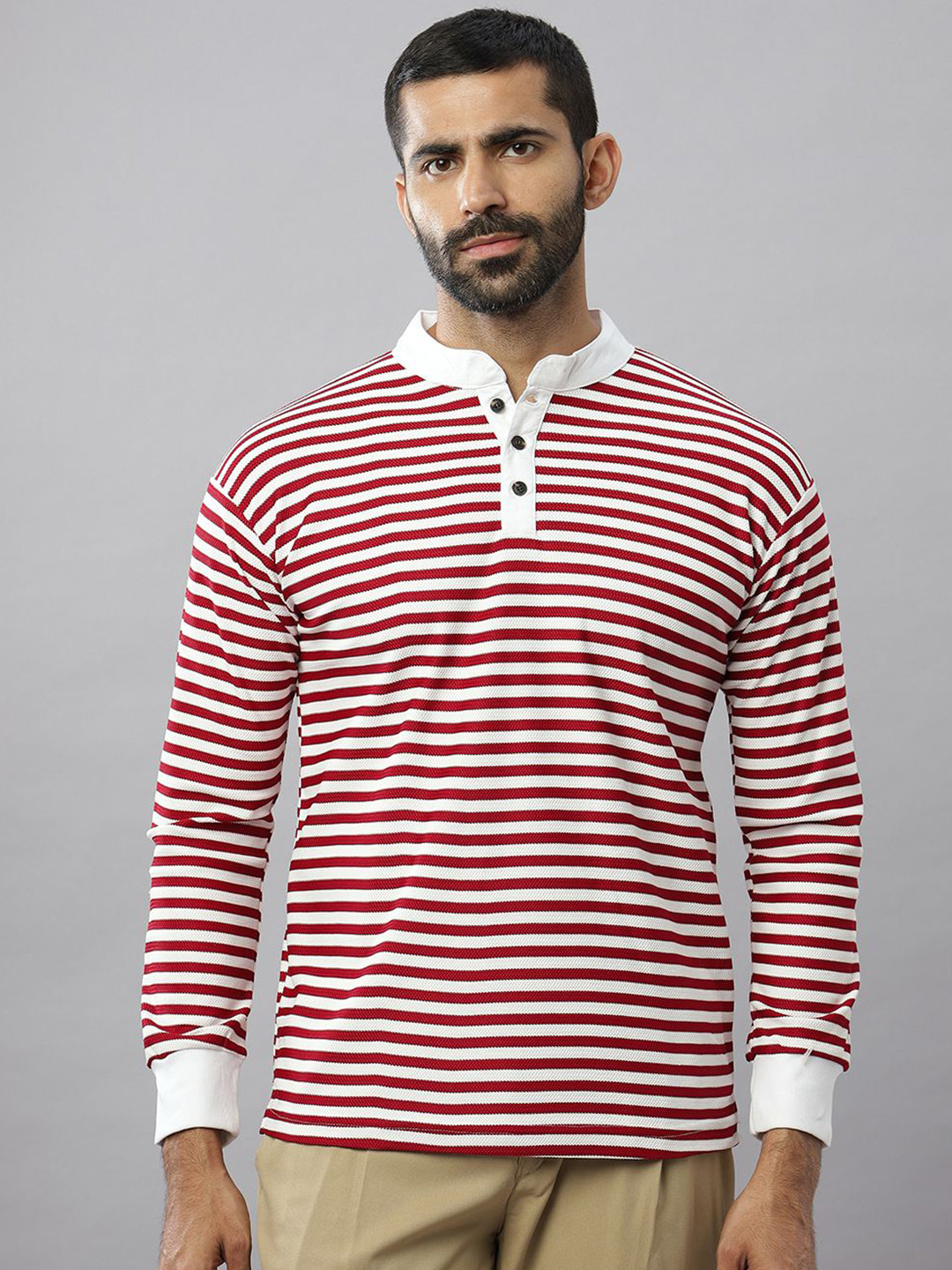 

N AND J Men Striped Henley Neck Cotton T-shirt, Maroon