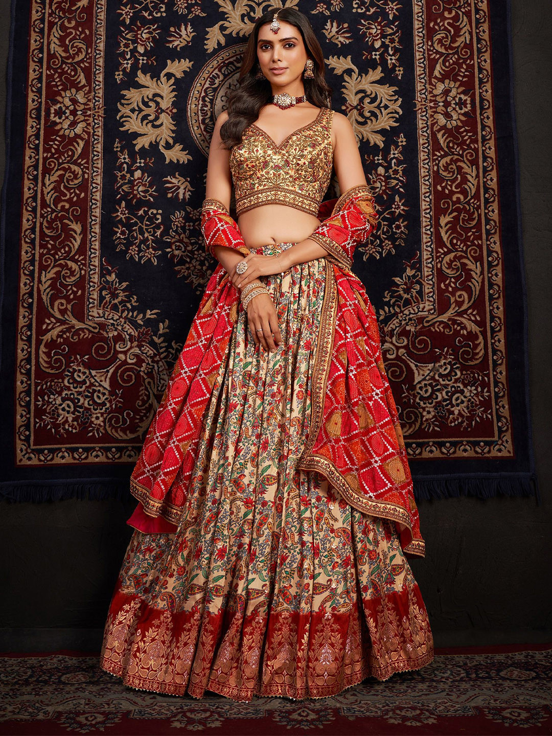 

JMS Studio Embroidered Sequinned Ready to Wear Lehenga & Blouse With Dupatta, Red