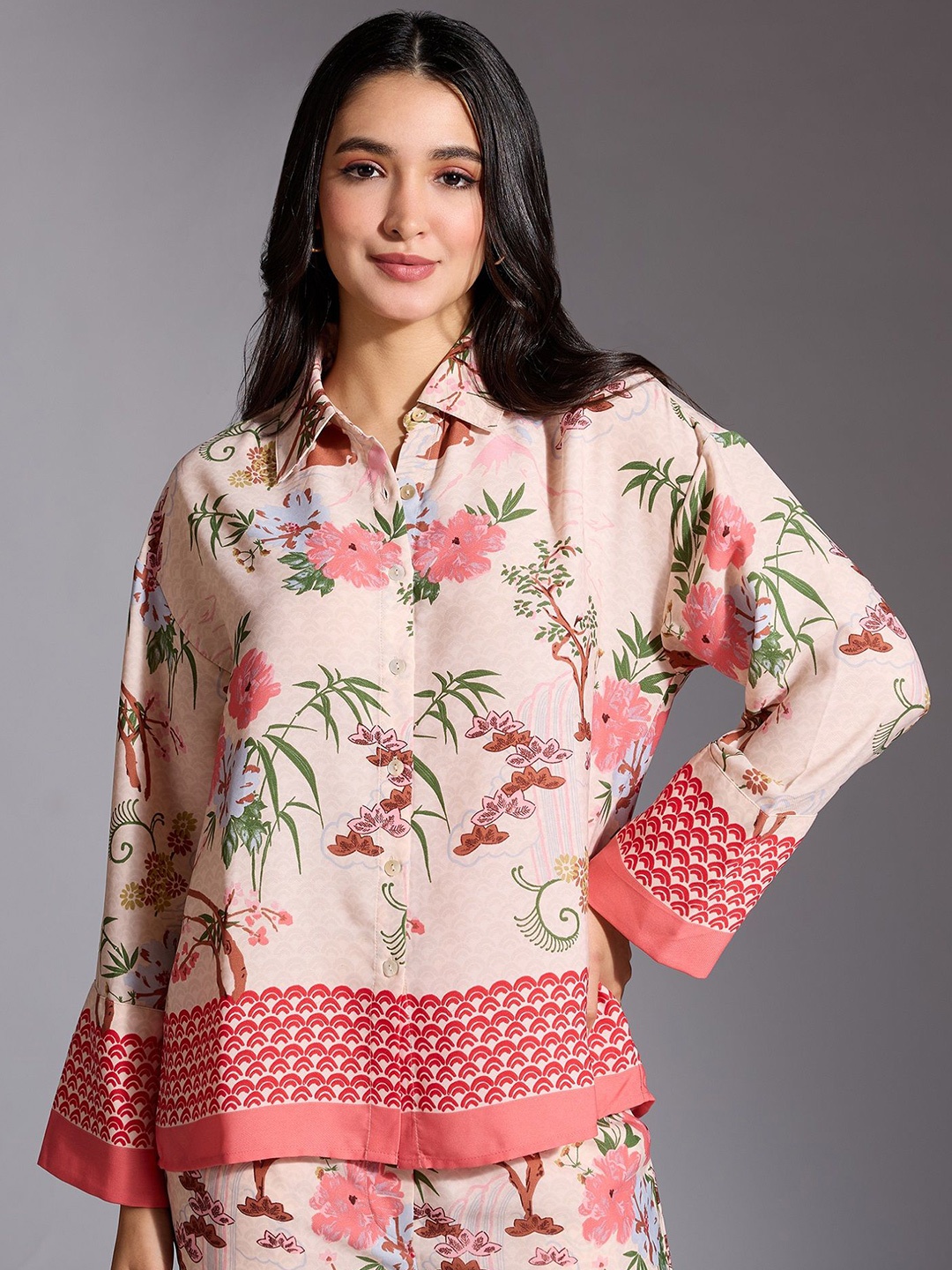 

20Dresses Women Spread Collar Floral Printed Casual Shirt, Peach