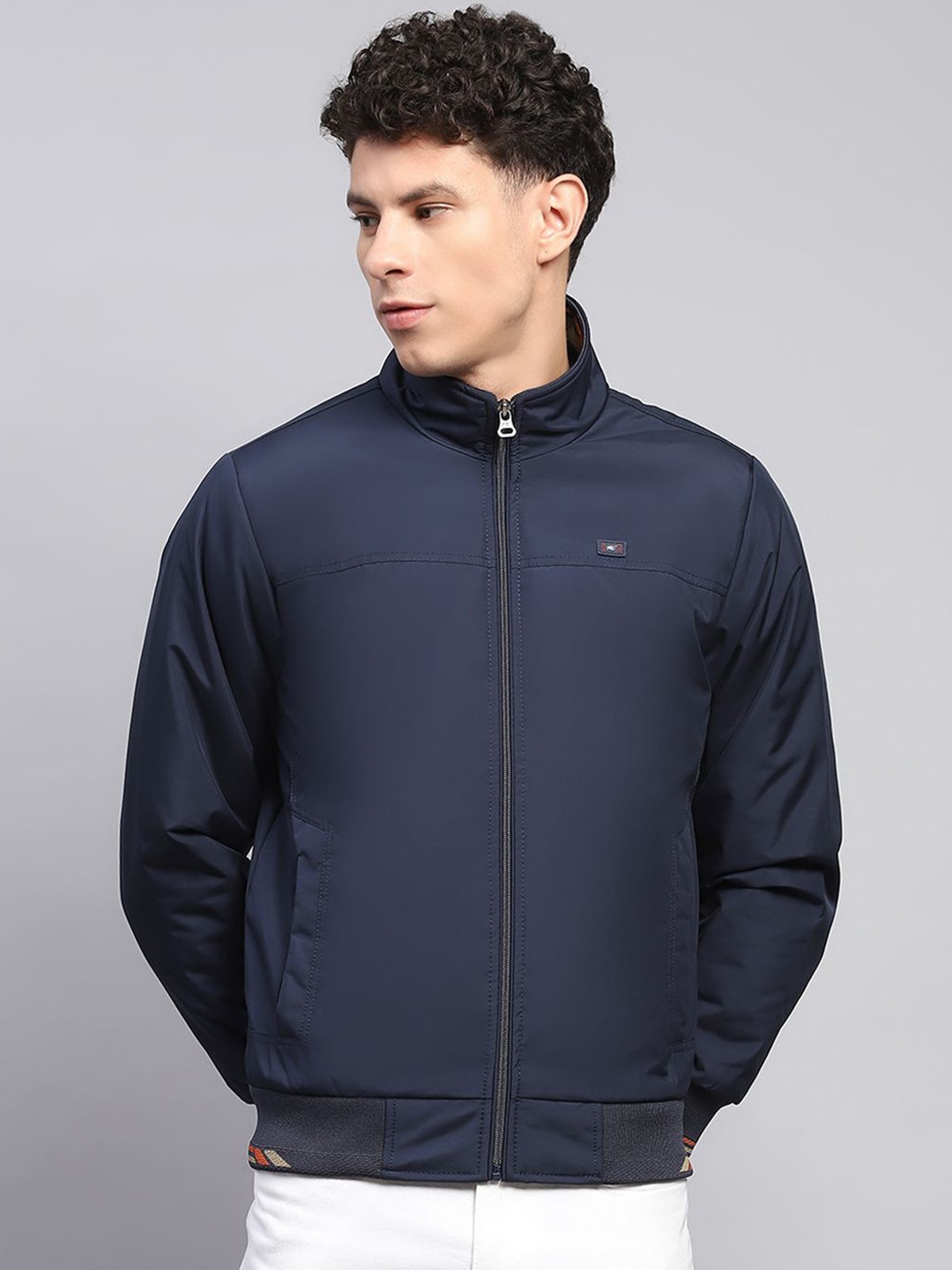 

Monte Carlo Men Mock Collar Solid Casual Bomber Jacket, Navy blue