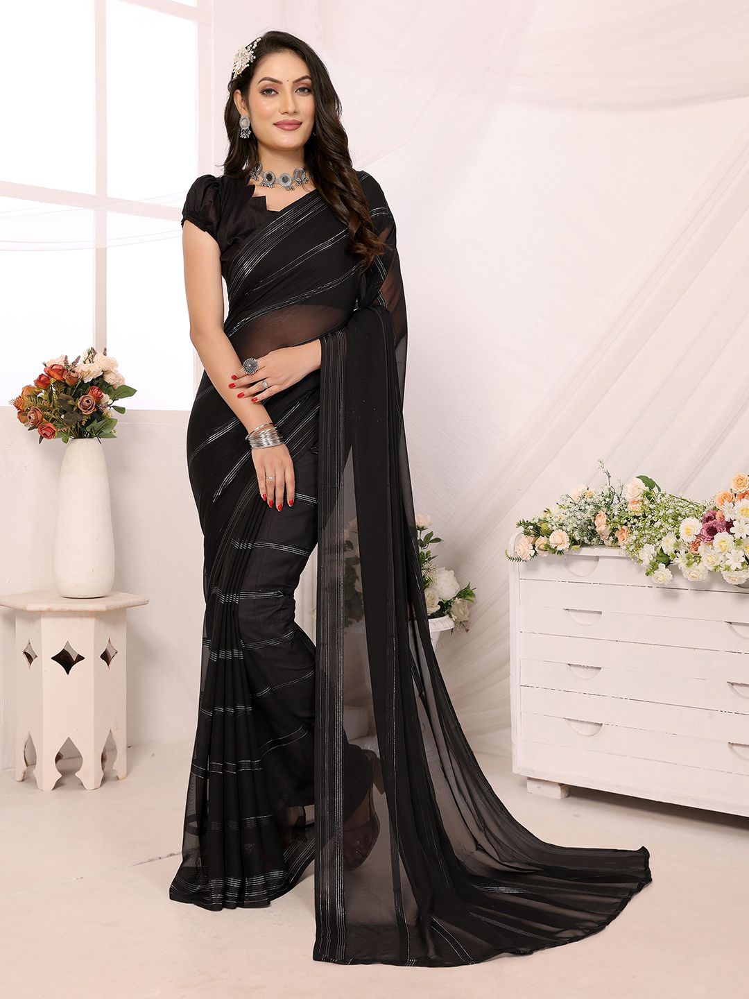 

Moda Rapido Striped Satin Saree, Black