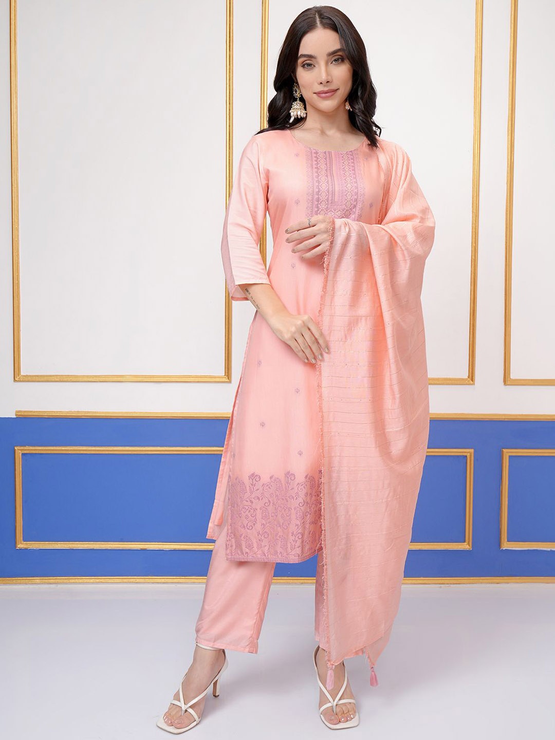 

Vishudh Ethnic Motifs Woven Design Round Neck Regular Kurta With Trouser With Dupatta, Pink