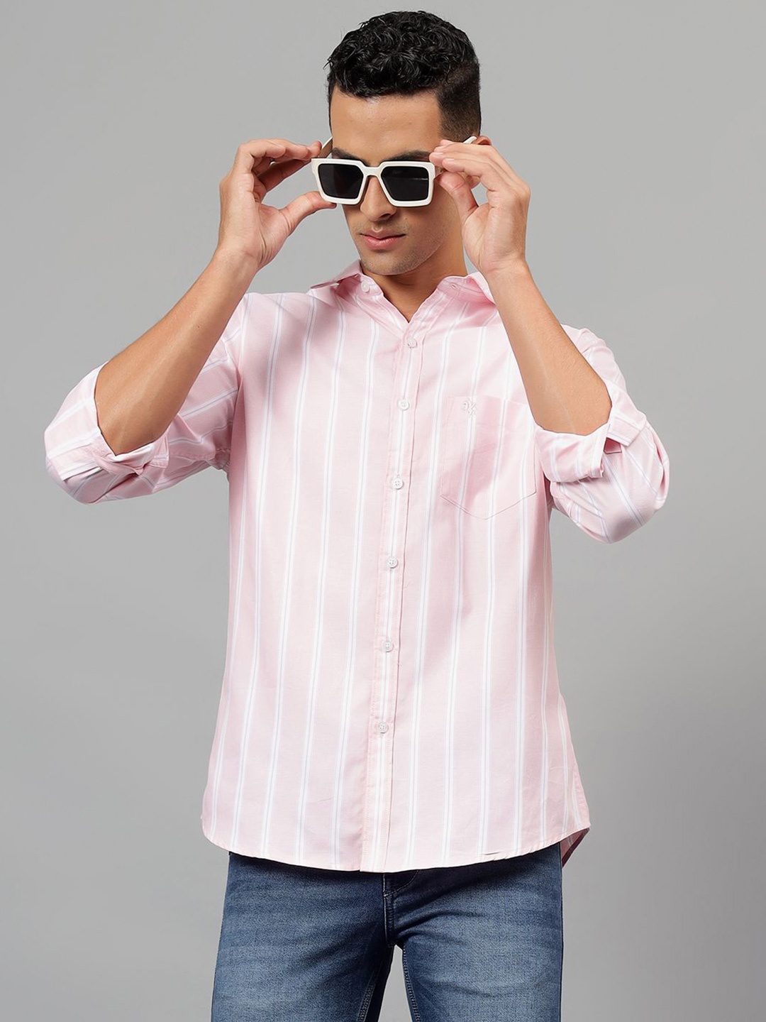 

Cantabil Men Spread Collar Vertical Striped Cotton Casual Shirt, Pink