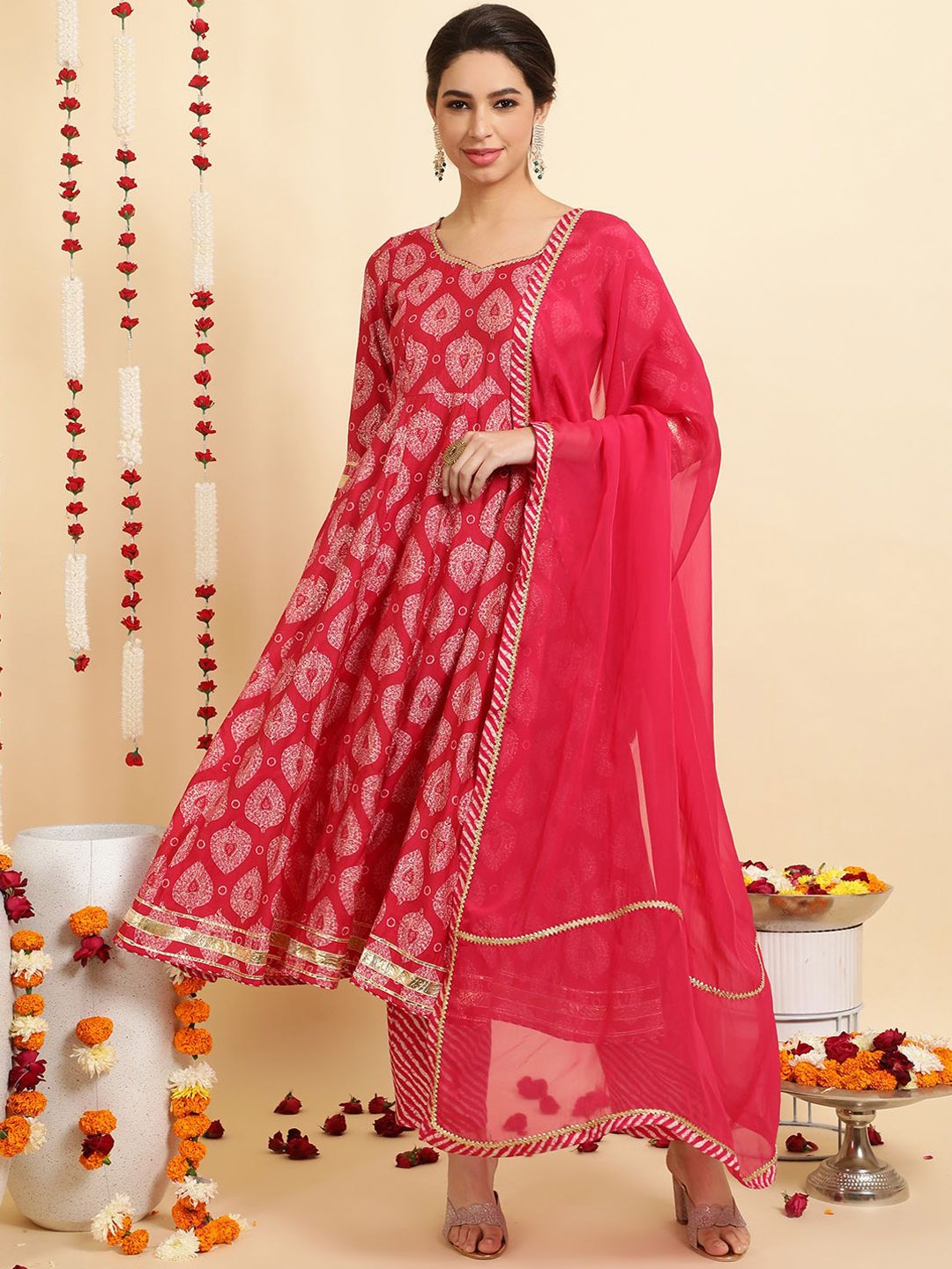 

Jaipur Kurti Ethnic Motifs Printed Anarkali Kurta With Trousers & Dupatta, Pink