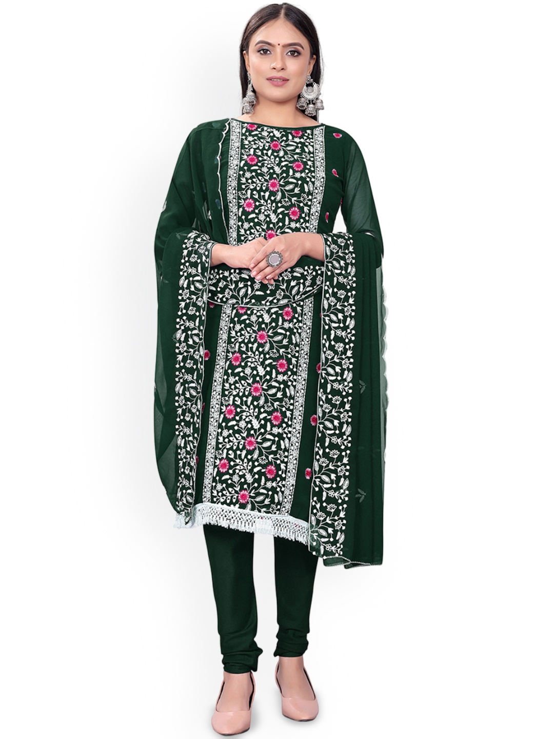 

Maroosh Floral Embroidered Unstitched Dress Material, Green