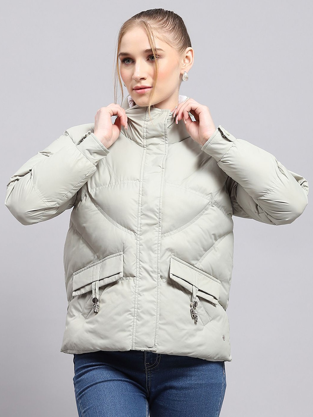 

Monte Carlo Women Mock Collar Solid Casual Puffer Jacket, Grey